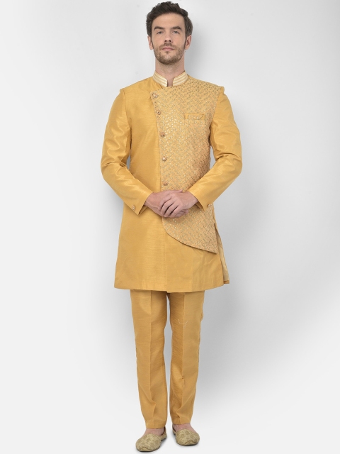 

SG RAJASAHAB Men Gold-Coloured Embroidered Sherwani Set