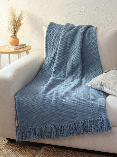 

House This Blue Pure Cotton Throw With Tassels