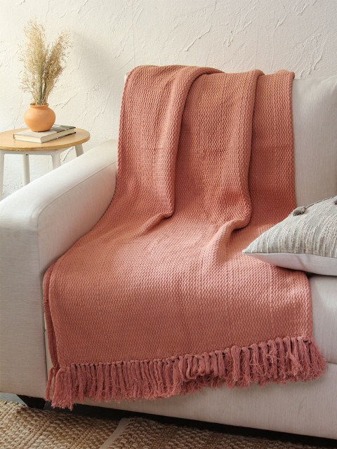 

House This Pink Self-Design Pure Cotton Throw With Tassels