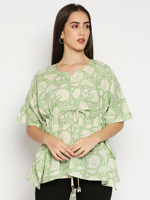 

Kuber Studio Green Floral Print Pure Cotton Kaftan top