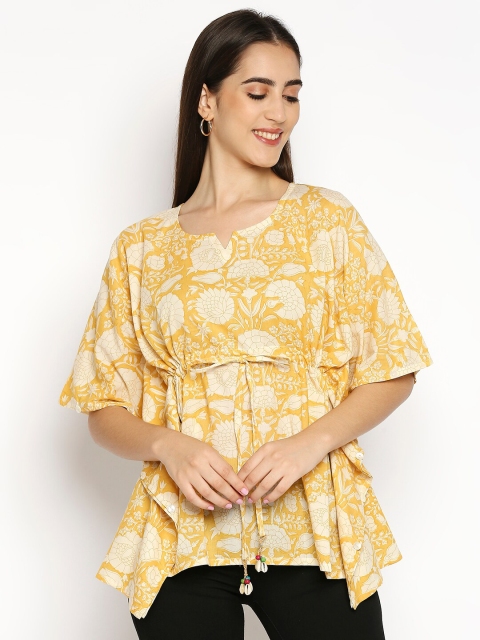 

Kuber Studio Yellow Floral Print Sweetheart Neck Top