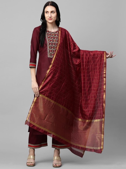 

KALINI Women Maroon Ethnic Motifs Yoke Design Kurta with Trousers & With Dupatta