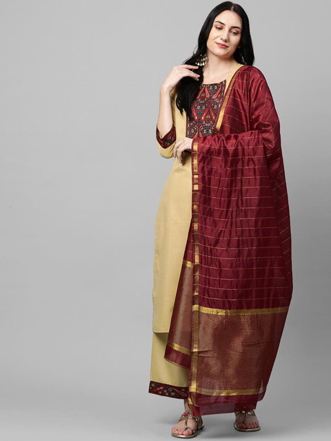 

KALINI Women Beige Ethnic Motifs Yoke Design Layered Kurta with Palazzos & With Dupatta