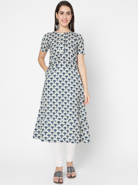 

SALWAR STUDIO Women Grey & Blue Geometric Printed Thread Work Kurta