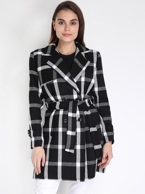 

LEBORK Women Black & White Checked Woolen Trench Coat