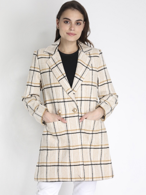 

LEBORK Women Beige Checked Wollen Winter Coat