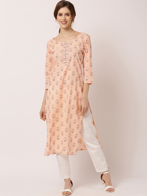 

THE NKS PLUS Women Peach-Coloured Floral Printed Mirror Work Kurta