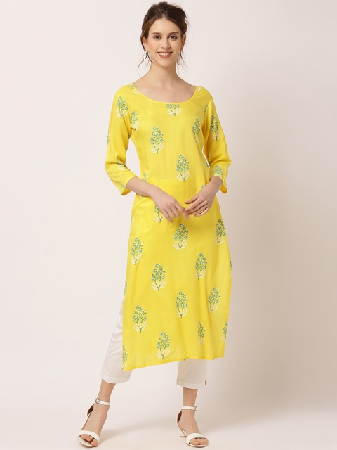 THE NKS PLUS Woman Yellow Floral Printed Thread Work Kurta