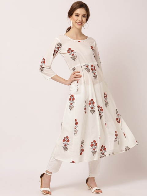 

THE NKS PLUS Women White & Red Floral Printed Cotton Anarkali Kurta
