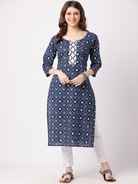 

THE NKS PLUS Women Navy Blue Floral Printed Cotton Straight Kurta
