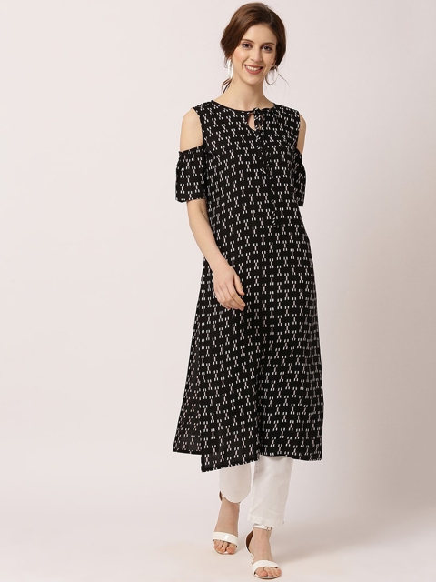 

THE NKS PLUS Women Black Geometric Printed Keyhole Neck Cold-Shoulder Sleeves Kurta