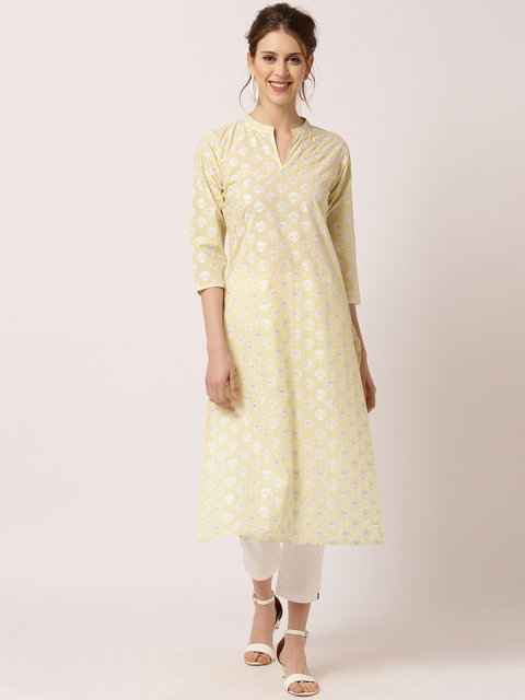 

THE NKS PLUS Women Cream-Coloured & White Ethnic Motifs Printed A-line Cotton Kurta
