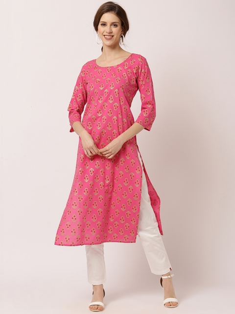

THE NKS PLUS Women Pink & Gold-Toned Floral Printed Kurta