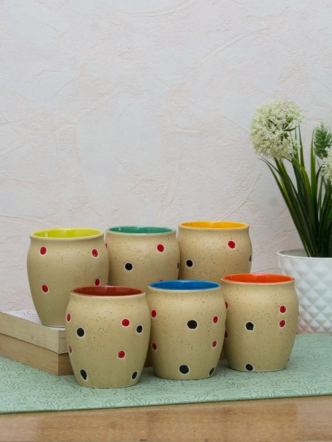 

WISHTANK Set Of 6 Cream-Coloured & Orange Solid Ceramic Matte Kulladhs