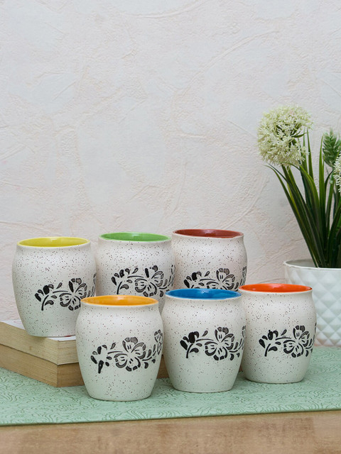 

WISHTANK White & Black Printed Ceramic Matte Kulladhs Set of Cups and Mugs