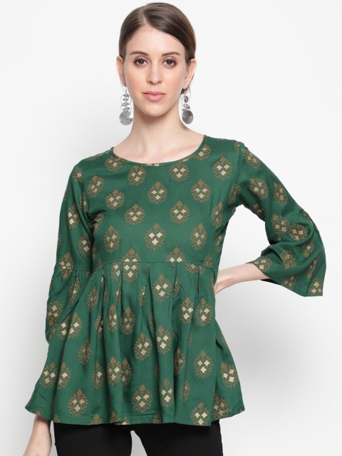 

THE NKS PLUS Green & Brown Print Pure Cotton Peplum Top