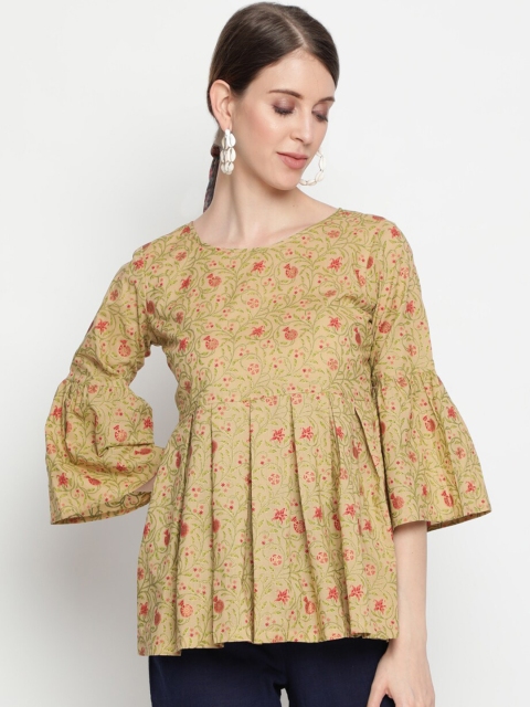 

THE NKS PLUS Beige Floral Print Cotton Peplum Top