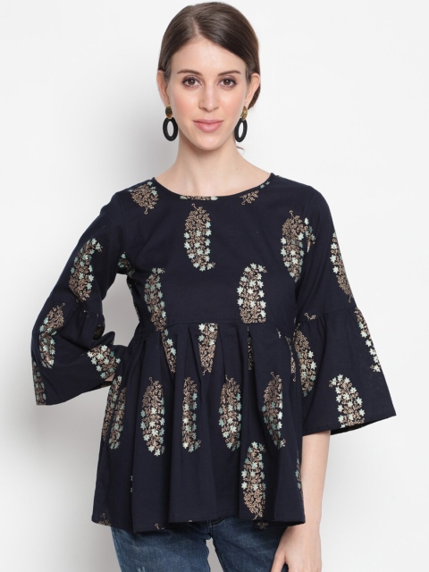 

THE NKS PLUS Women Navy Blue & Gold-Toned Floral Print Cotton Empire Top