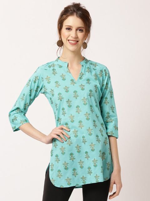 

THE NKS PLUS Sea Green & Brown Print Mandarin Collar Regular Pure Cotton Top