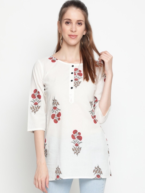 

THE NKS PLUS Women White & Pink Floral Print Longline Pure Cotton Top
