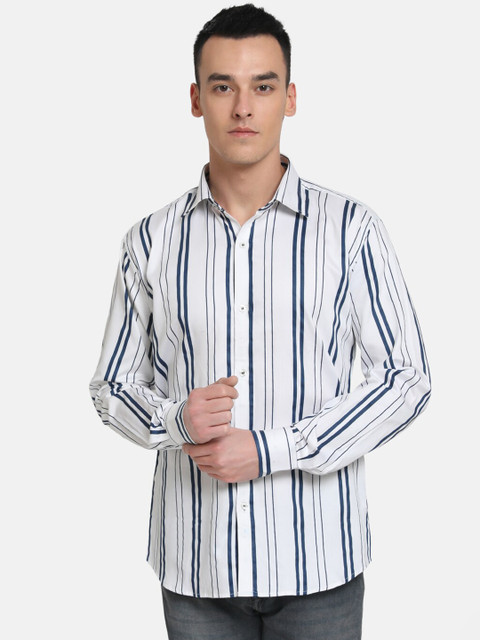 

Emerals Men White Slim Fit Striped Casual Shirt