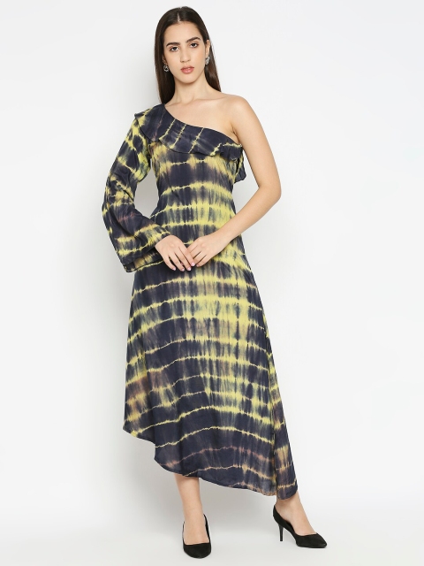 

Kuber Studio Black & Yellow Tie and Dye Dyed One Shoulder Maxi Dress