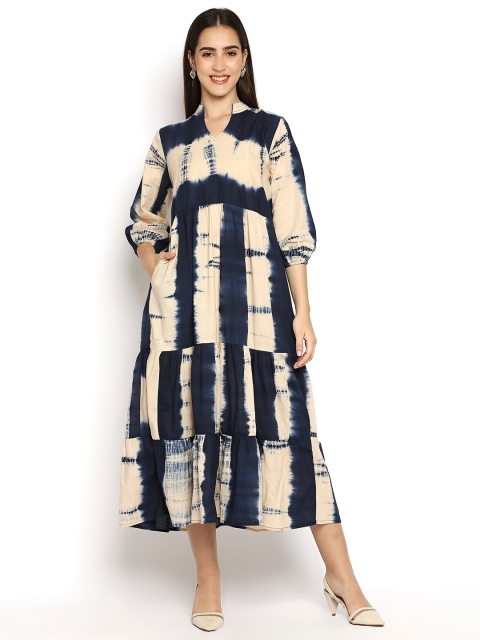 

Kuber Studio Navy Blue & Cream-Coloured Tie and Dye Dyed A-Line Midi Dress