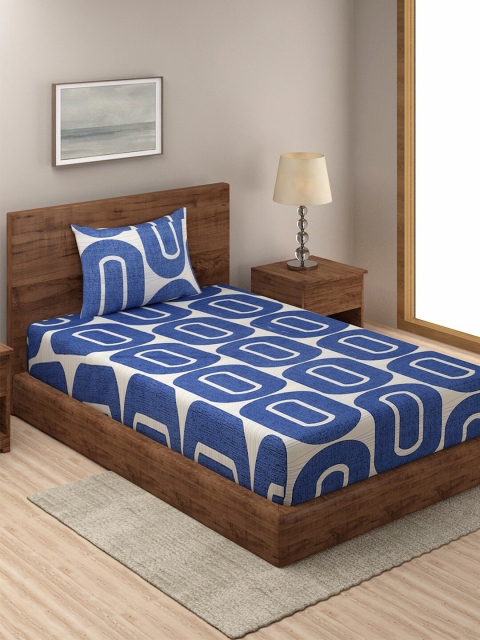 

TAG 7 Navy Blue & White Geometric Cotton 210 TC Single Bedsheet with 1 Pillow Covers