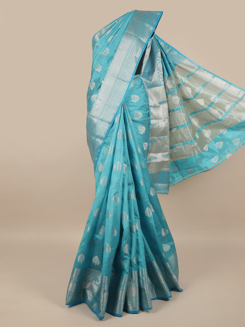 

Pothys Blue & Silver-Toned Floral Zari Jute Silk Saree