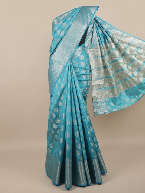 

Pothys Blue & Silver-Toned Floral Zari Jute Silk Saree