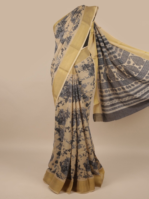 

Pothys Cream-Coloured & Blue Floral Zari Saree