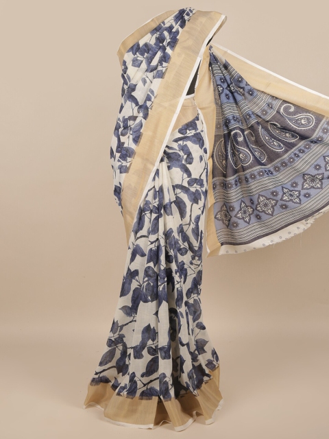 

Pothys Cream-Coloured & Blue Floral Zari Saree