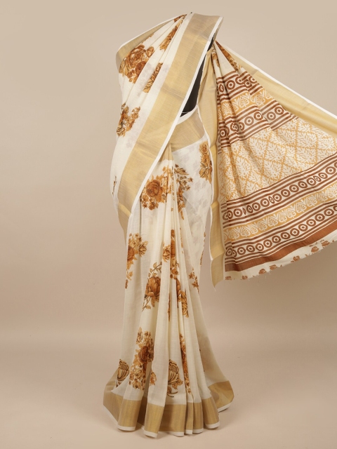 

Pothys Cream-Coloured & Brown Floral Zari Saree