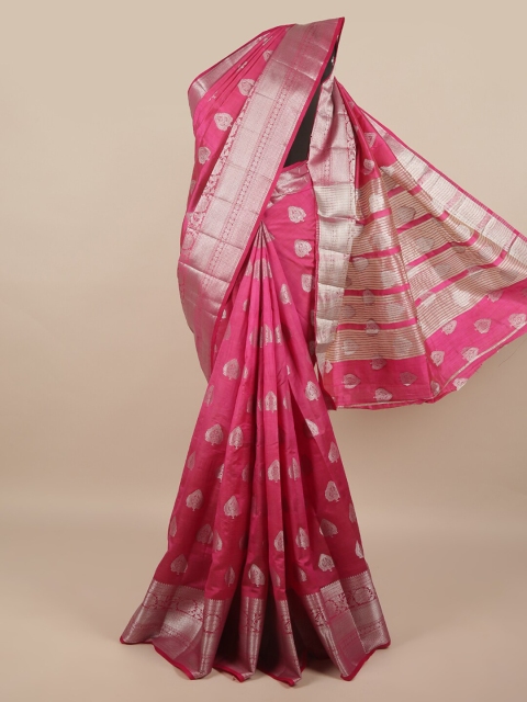 

Pothys Magenta & Silver-Toned Ethnic Motifs Zari Jute Silk Saree