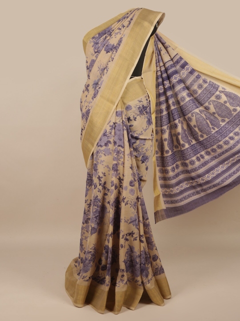 

Pothys Cream-Coloured & Violet Floral Zari Saree