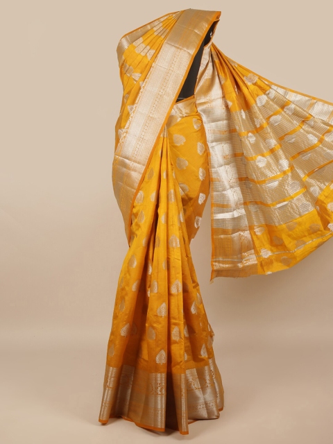 

Pothys Mustard & Silver-Toned Ethnic Motifs Zari Jute Silk Saree