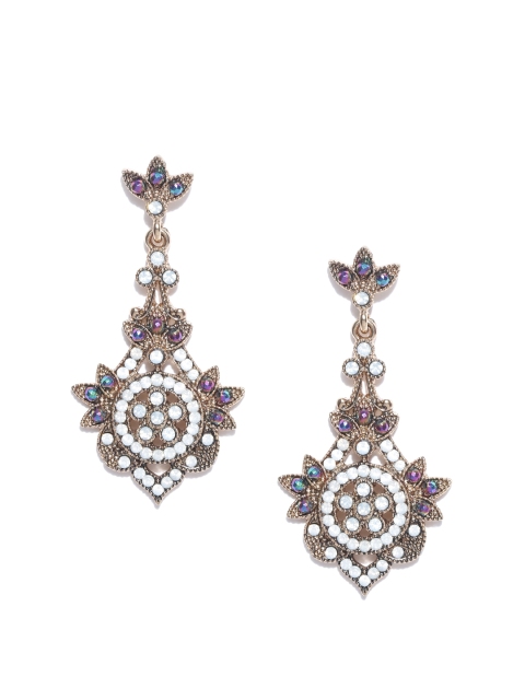 

DressBerry Antique Gold-Toned & Off-White Stone-Studded Drop Earrings