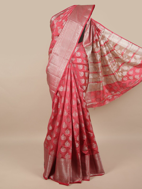 

Pothys Pink & Silver-Toned Ethnic Motifs Zari Jute Silk Saree