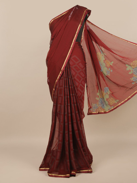 

Pothys Maroon & Gold-Toned Floral Printed Zari Saree