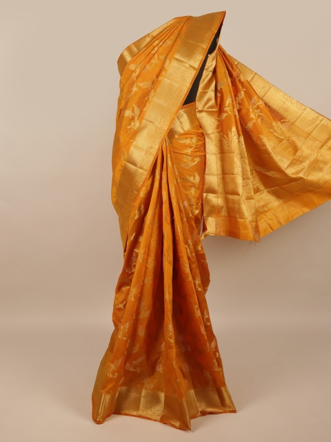 

Pothys Mustard & Gold-Toned Woven Design Zari Jute Silk Saree