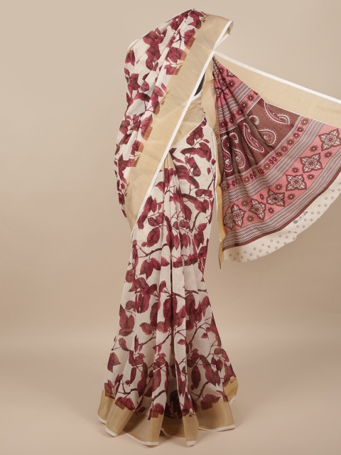 

Pothys Cream-Coloured & Maroon Floral Zari Saree