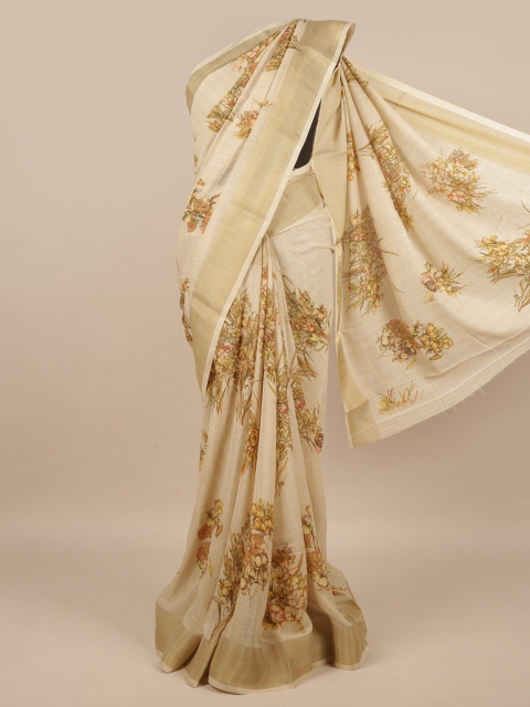 

Pothys Cream-Coloured & Yellow Floral Printed Zari Saree