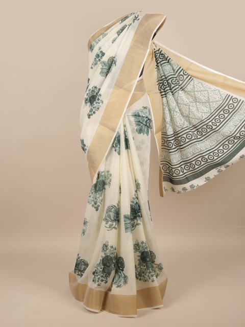 

Pothys Cream-Coloured & Green Floral Zari Saree