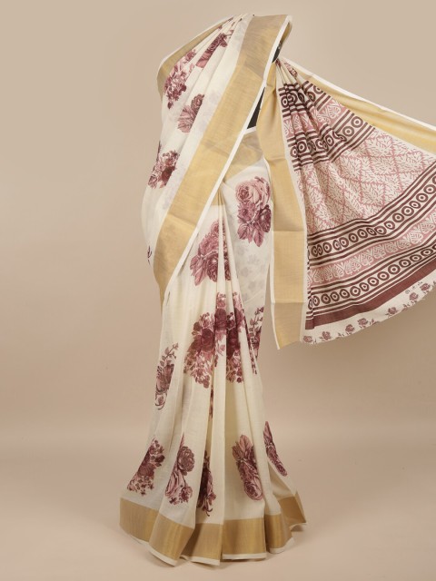 

Pothys Cream-Coloured & Purple Floral Zari Saree