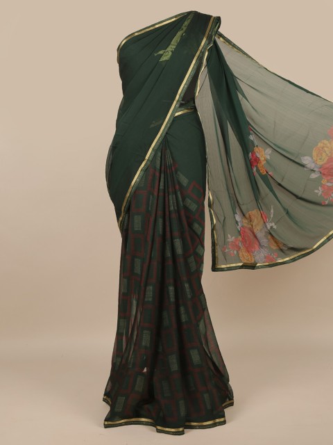 

Pothys Green & Gold-Toned Floral Beads and Stones Saree