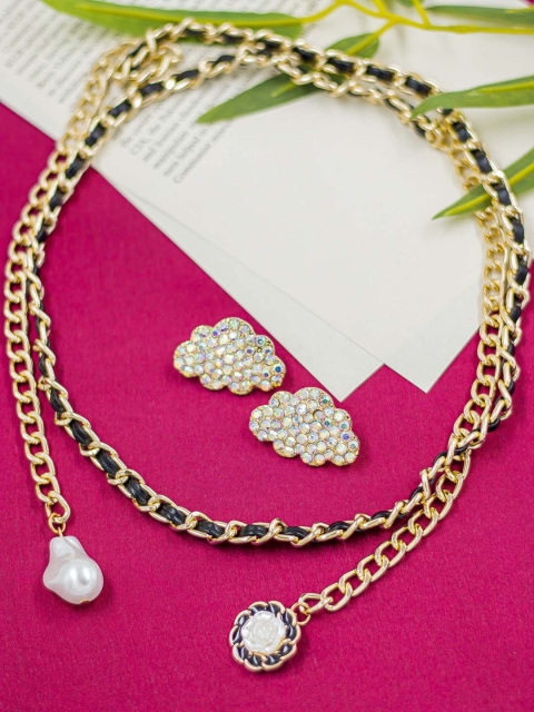 

Bellofox Gold-Toned & Black White Stone & Bead Studded Jewellery Set