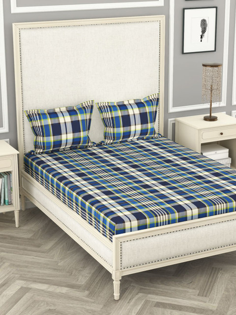 

BIANCA Blue & Green Striped 110 TC Queen Pure Cotton Bedsheet with 2 Pillow Covers