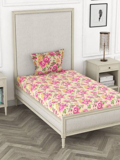 

BIANCA Pink & Green Floral 110 TC Single Pure Cotton Bedsheet with 1 Pillow Covers