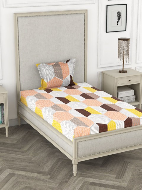 

BIANCA Peach-Coloured & Yellow Geometric 110 TC Single Bedsheet with 1 Pillow Covers