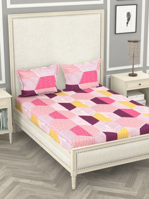 

BIANCA Pink & White Geometric 110 TC Queen Bedsheet with 2 Pillow Covers